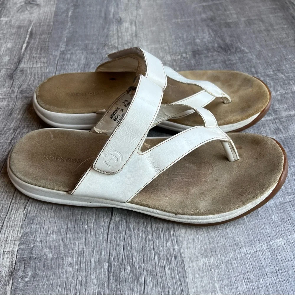 Rockport Woman’s Slides Thong Sandal White Leather Size 8.5